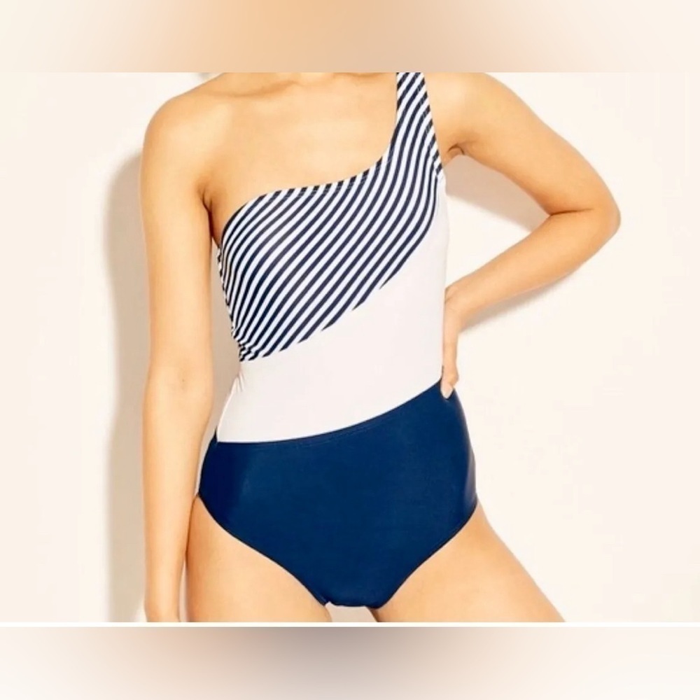 KONA SOL ONE PIECE ONE SHOULDER STRIPED BLUE WHITE SWIMWEAR SIZE LARGE NEW